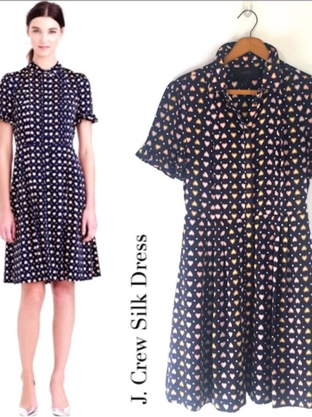 J. Crew Navy Silk Heart-Print Midi Dress